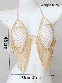 Gold-Tone Rhinestone Tassel Bra Top, Panty & Body Chain Jewelry Set - Gold - View 4
