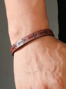 1pc Men's Fashionable Punk Style Faux Leather Cross Magnetic Bracelet - Casual Fashionable Accessory