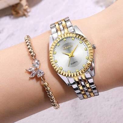 Chance Bộ 2 đồng hồ thạch anh thời trang và công sở dành cho nữ, kết hợp với bộ vòng tay trang sức đính nơ và kim cương, thích hợp cho lễ hội, tiệc tùng, đám cưới và đeo hàng ngày, là món quà tuyệt vời nhất dành cho phụ nữ.