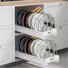 Pot And Pan Organizer, Expandable Pot Lid Holder With 7 Adjustable Compartments, U-Shape Pot Rack Organizer, Space-Saving Pan Organizer For Cabinet - 白色 - 查看 10