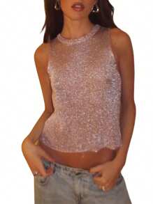 Womens Sequin Sheer Top Sparkle See Through Mesh Top Crewneck Crop Vest Summer Going Out Tank Tops Party Club Wear - Pink - View 1