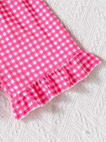 2 pezzi/Set Tuta casual e comoda da ragazza con stampa a quadri e floreale, stile estivo per vacanze