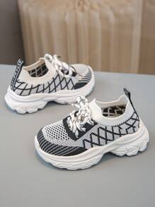 1 Pair Baby/Infant Lace-Up Knit Mesh Breathable Color Block Comfortable Casual Athletic Shoes, Suitable For All Seasons