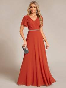 EVERPRETTY Elegant Spring V-Neck Pleated Chiffon Bridesmaid Dresses With Ruffled Sleeves - Burnt Orange - View 1