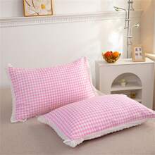 Pink Gingham Polyester Fiber Pillowcases With Lace Trim: Breathable, Machine - Washable, Dry - Cleanable & Quick - Drying