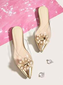金色水钻装饰透明尖头平底一脚蹬凉鞋