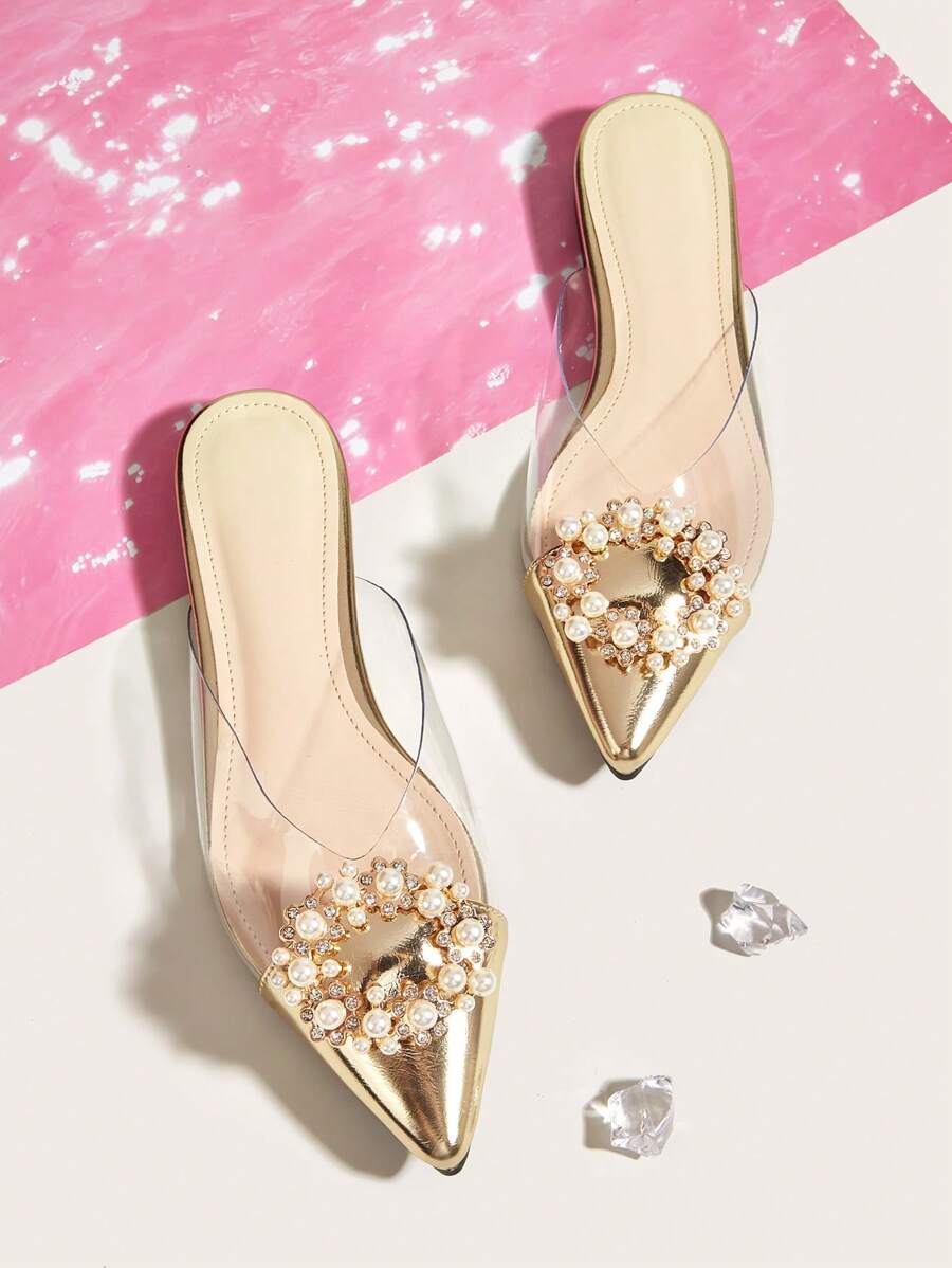 金色水钻装饰透明尖头平底一脚蹬凉鞋