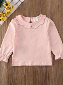 Toddler Baby Girls Casual Top, Kids Long Sleeve O-Neck Ruffle Solid Color Blouse