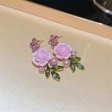 Conjunto de collar y aretes de flores y hojas de acrilico color rosa y morado con cristales y perlas, cadena delicada para la clavícula para fiestas, bodas y festivales - flores - Ver 9