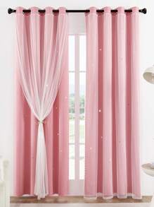 1pc Hollow Star Double Layer Voile Curtain, Top Ring, Cute Hollow Star Sheer Curtain, Suitable For Bedroom Blackout Curtain, Living Room Curtain, Themed Room Curtain And Holiday Party Decor