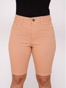 Women's Mid-Thigh Jeans Twill Shorts High Waist Butt Lifting Bermuda Shorts With Lycra - 奶油色 - 查看 3