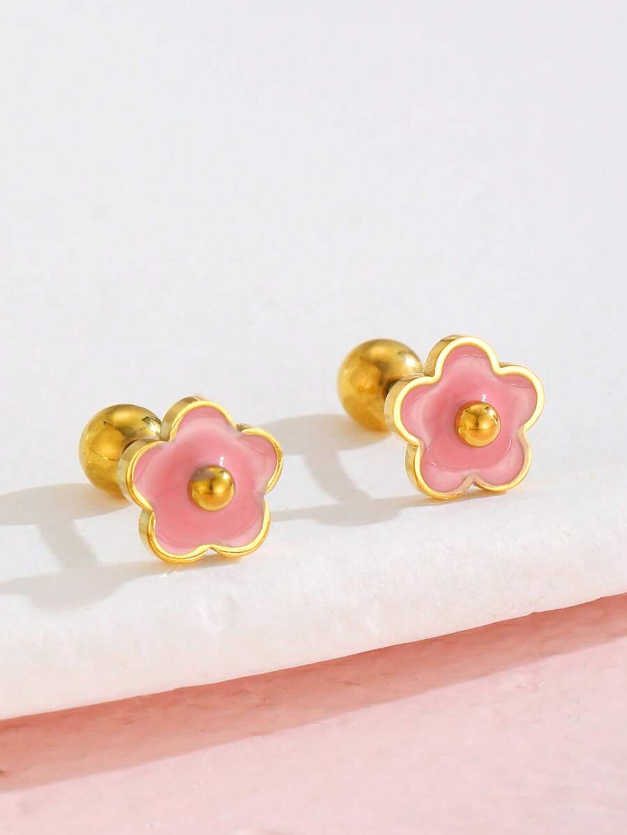 1 par de pendientes de flor de 5 pétalos rosa dulce y elegante, adecuados para la calle, fiestas, festivales, también pueden ser un accesorio diario o un regalo de cumpleaños para amigos - Rosa - Ver 1