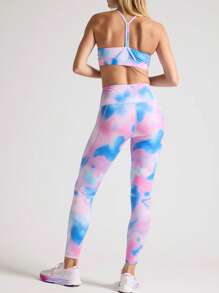 女式高腰蓝色和粉色扎染瑜伽裤，带口袋，透气修身，适合训练和健身，棉花糖数码印花跑步/健身紧身裤，可休闲穿着 - 粉色 - 查看 4