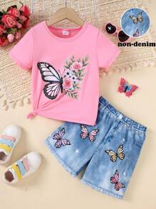 2pcs/Set Summer Young Girls Cartoon Girl Graphic Print Round Neck Short Sleeve T-Shirt & Solid Color Casual Comfortable Shorts Set