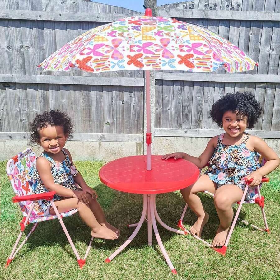 Outsunny Kids Outdoor Bistro Table And Chair Set Butterfly Pattern Garden Patio Backyard With Removable & Height Adjustable Parasol - Pink - View 1
