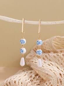 Vintage Neo-Chinese Style Ceramic Printed Earrings, Stainless Steel Imitation Ginger Jar Earrings Suitable For Women's Daily Wear