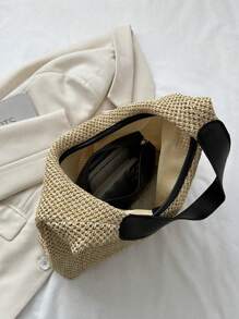 Summer Straw Shoulder Tote Bag With Small Pouch Included - Black - View 5