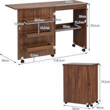 Mesa de costura plegable, mesa retráctil para máquina de coser con ruedas y puerta, armario de costura plegable para máquina de coser, armario para máquina de coser, mesita de noche para sala de estar, estudio, dormitorio - Marrón - Ver 4