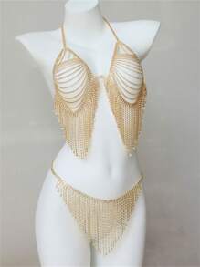 Gold-Tone Rhinestone Tassel Bra Top, Panty & Body Chain Jewelry Set - Gold - View 9