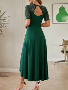 Acelitt 优雅 V 领蕾丝拼布褶饰腰部连衣裙，夏季，伴娘礼服 - 墨綠色 - 查看 3