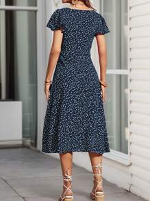 Chic Ditsy A-Line Midi Dress, Button Front Design Short Sleeves Hem Split, Woman Clothes - Navy - View 2