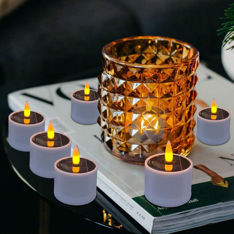 6pcs Solar Power Tea Lights,Outdoor Candle Flameless Flicker Waterproof Solar Table Lamp LED Candles With Dusk To Dawn Sensor For Lantern Garden Camping Party Home Valentines Decorations Easter Gifts Birthday Graduation