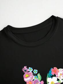 Women's Fitted Black Floral & Rabbit Print T-Shirt, Casual & Versatile, Soft Fabric, Spring/Summer - Black - View 4