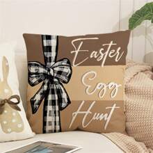 Funda de almohada decorativa de Pascua con diseño de conejo, huevo, lazo y letras para sofá o dormitorio - amarillo claro - Ver 3