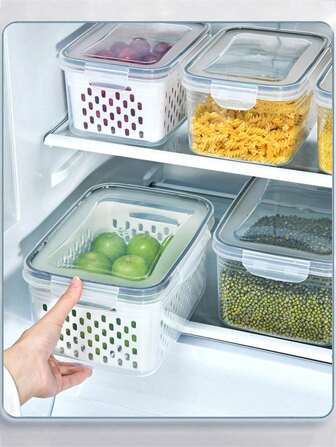 双层冰箱储存容器 一体式负压扣 加厚PP材质 微波炉冷冻室密封防漏容器 适用于厨房食材 日用品沥水清洗储存密封保鲜 适用于户外露营