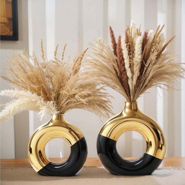 Black And Gold Vase,Ceramic Vase Set Of 2,Gold Vases Home Decor,Round Vase For Centerpieces,Gold Vase For Living Room Decor,Gold Home Decor Accents,Home Decor Vase For Kitchen,Coffee Table Gifts Birthday Graduation