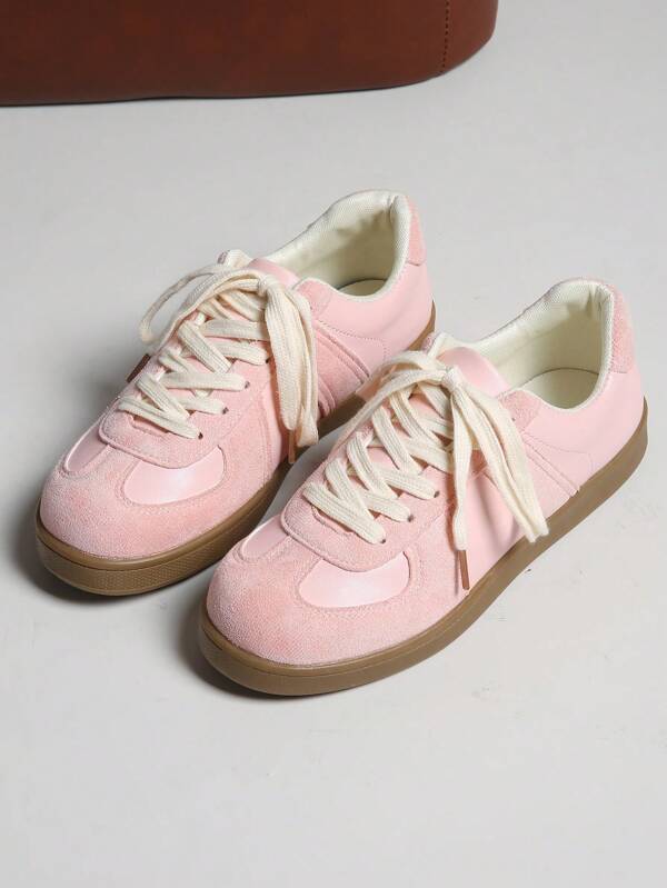 Women Spring/Summer Casual Sneakers, Pink, Soft & Sweet, Lace-Up For Convenience, Anti-Slip Design, Suitable For Walking And Running