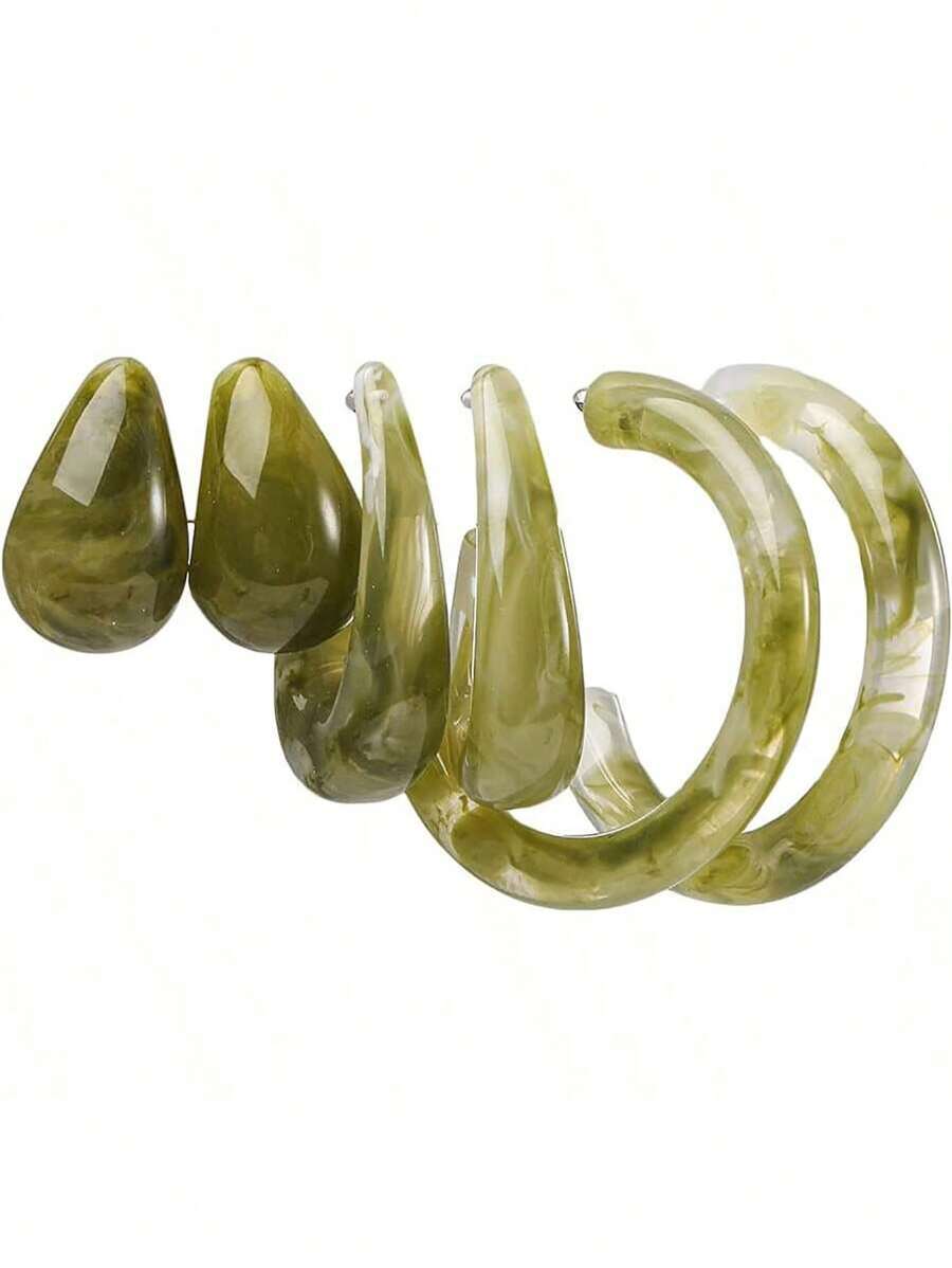 3 Pairs Bohemian Style Lightweight Minimalist Vintage Polished Teardrop, Water Droplet C Hoop Round Acrylic Resin Hoop Earring Set, Colorful Thick Thin Acetate Earrings For Women/Girls (Random Card Shipped) - Green - View 1