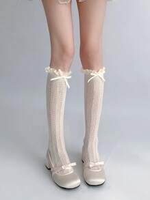1 Pair Lace Trim Bow Leg Warmers, Breathable Sheer Thin Lace Socks For Daily Wear, Summer