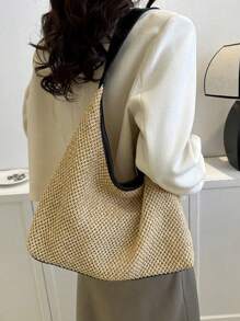 Summer Straw Shoulder Tote Bag With Small Pouch Included - Black - View 4