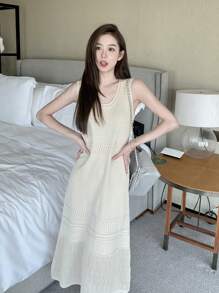 U-Neck Hollow Out Strap Dress, Casual Minimalist Elegant Waist Design Vacation Style Sweater Dress For Women, Autumn - Apricot - View 4