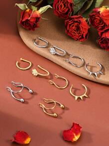 5pcs Stainless Steel Fake Nose Rings, Fake Nose Septum Rings, Fake Nose Studs, 20G 316L Nose Rings, Nose Studs, Minimalist Daily Wear & Elegant Occasion Fake Nose Jewelry For Women, Silver & Gold - Style 1 - View 5