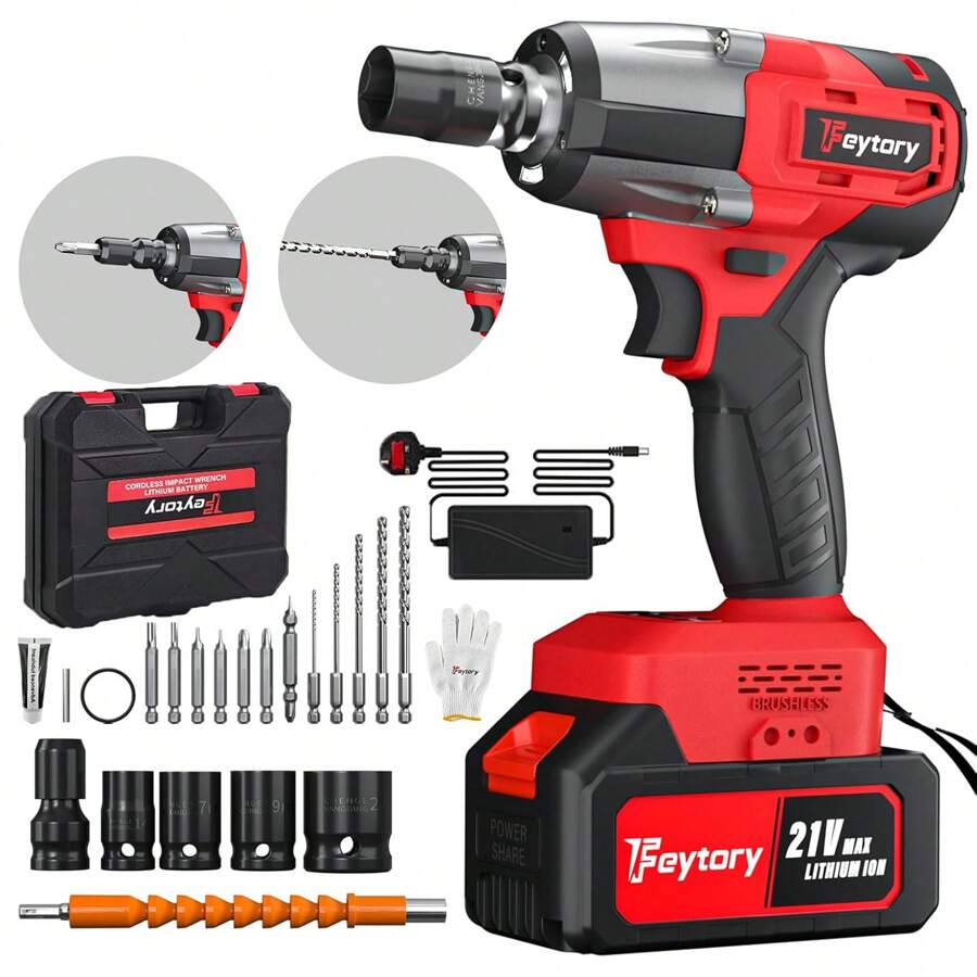 Vandise Cordless Impact Wrench, 1/2" Brushless Power Impact Gun, 2500RPM Electric Wrench, Max Torque 550N.M With 4 Sockets, 12PCS Screwdriver Bits, 4.0Ah Battery & Carry Box For Car Home  21V Brushless Impact Wrench, 3-In-1 Electric Wrench, 3400 RPM, Maximum Torque Of 550 N.M, With 4 Sockets, 12 Screwdriver Bits, For Automotive And Home Use Cordless Impact Wrench Brushless 1/2" 550N.M Electric Impact Wrench Battery 4000mah, Battery Impact Wrench With 4 Sockets, 12 Screwdriver Bits, For Cars Trucks