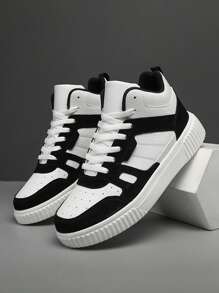 WANWEISI Men's Anti-Slip Lychee Embossed Letter Pattern Contrast Color Lace-Up Sneakers, Outdoor Sports Skateboarding Shoes - Men's Tennis