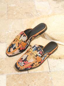 Women's Flat Square Toe Retro Floral Metal Buckle Fashion Mule Slippers Stitching Mark Open Back Slip On Comfortable Casual Loafers