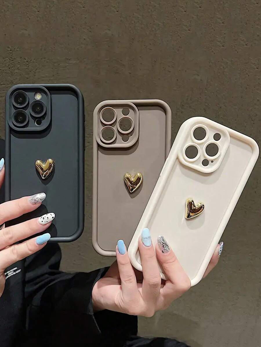 1 pieza Funda protectora para teléfono con cobertura completa de TPU blanco brillante resistente a los arañazos y corazón 3D dorado, compatible con iPhone 16, 15, 14, 13, 12, 11 Pro Max y Galaxy S24/23/22/21 Ultra, A55/54/53/52/51 - Blanco - Ver 1