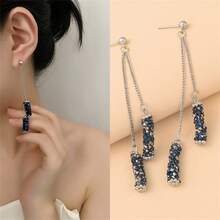 CARTER LISA 時尚藍色水晶流蘇長幾何垂墜耳環,適用於女人女孩耳飾 - 銀色 - 查看 1