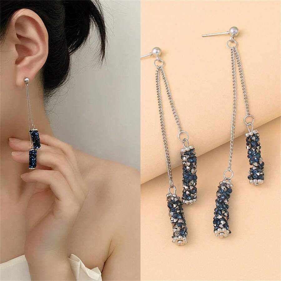 CARTER LISA 時尚藍色水晶流蘇長幾何垂墜耳環,適用於女人女孩耳飾 - 銀色 - 查看 1