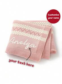 1pc Customizable Name Embroidered Handmade Knit Baby Blanket, Casual Minimalist Cozy Infant Swaddle Stroller Blanket, All Season,Multi-Functional,Ornamental,Letter,Stylish,Modern,Colorful,Cute,Adorable,Casual,Custom,Personalised,Unique,Customized,Ideal Gifts For Him,Ideal Gifts For Her,Son,Daughter