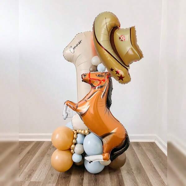 40pcs Western Cowboy Theme Light Brown Horse Decoration Balloon Set, Cool Cowboy Hat & Horse Suitable For Cowboy Tribe, Holiday, Birthday Party & Other Occasions