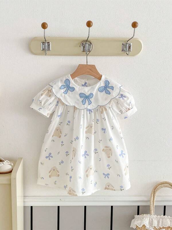 Baby Girl Cute Bear, Bow And Floral Print Ruffle Hem Dress