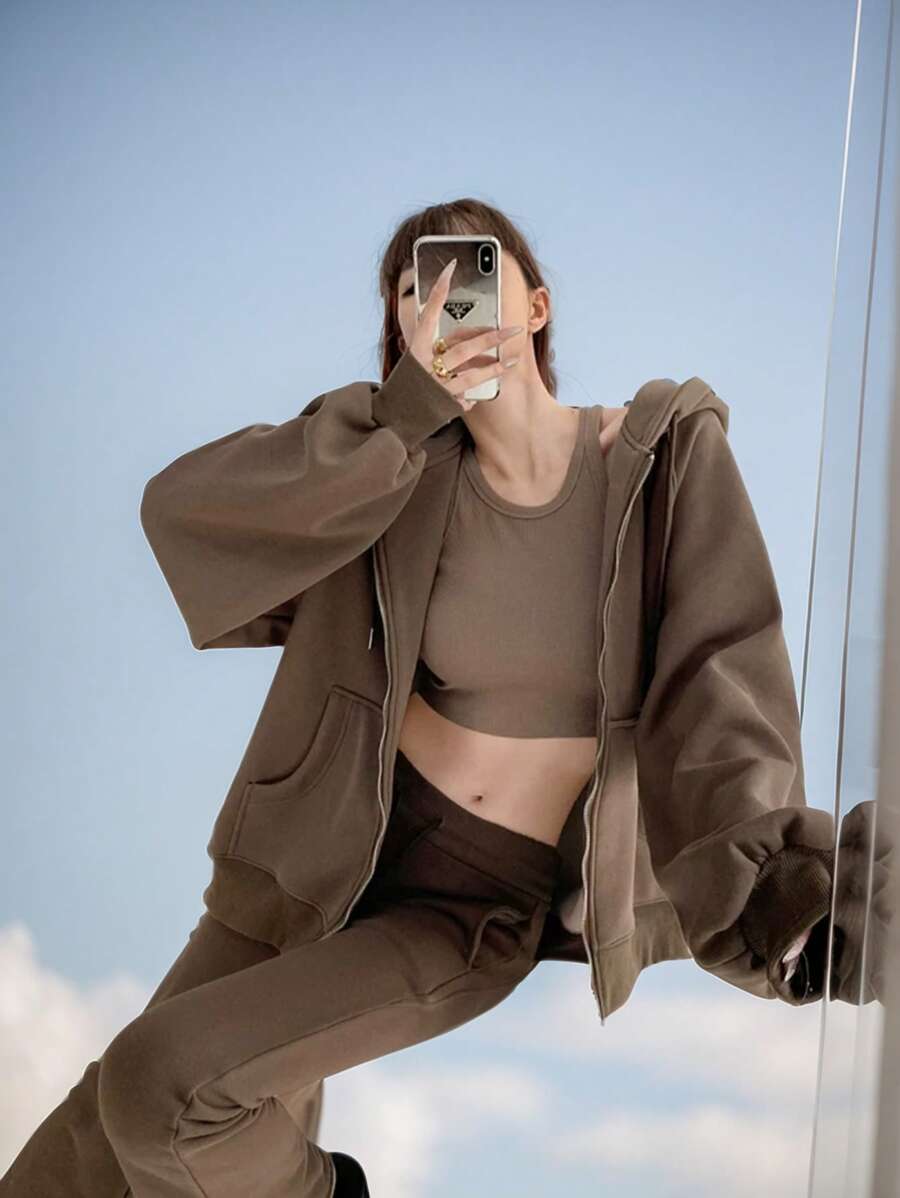 Women's Zippered Sweatshirt - Coffee Brown - View 1