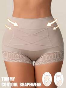 2 条装高腰内裤女式蕾丝束腰紧身平腹内裤收腹内衣腹部控制塑身衣减肥塑身三角裤 - 杏色 - 查看 7