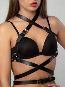 1 Piece Fashion Black Pu Leather Women's Bust Shaping Belt,Sexy Multi-Layered Straps,Adjustable Punk Corset,Daily Wear,Festival Costume Accessories - Black - View 7