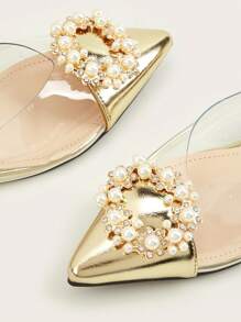 金色水钻装饰透明尖头平底一脚蹬凉鞋