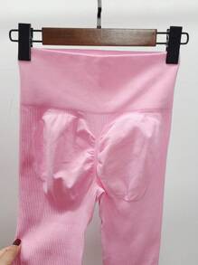 Seamless High-Stretch Fitness Leggings For Women, Ribbed High Waist Squat-Proof Tight Yoga Pants Tights - Baby Pink - View 6